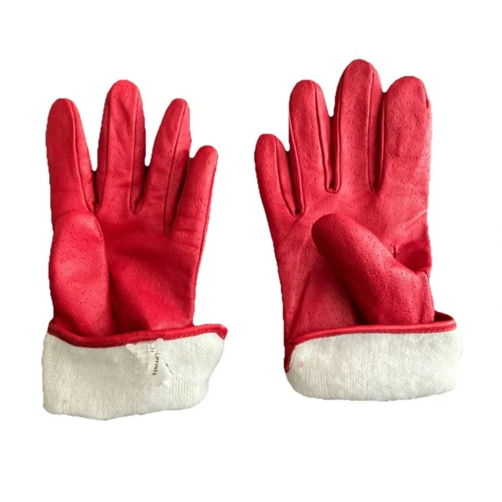 Vintage Red Perforated Leather Gloves Lined Women's Fall Winter M/ 7